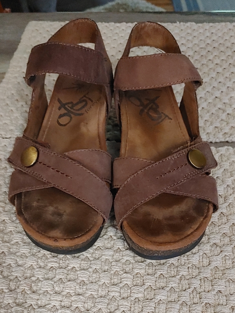 OTBT Brown Leather Cross-Strap Women's Sandals with Button Accent